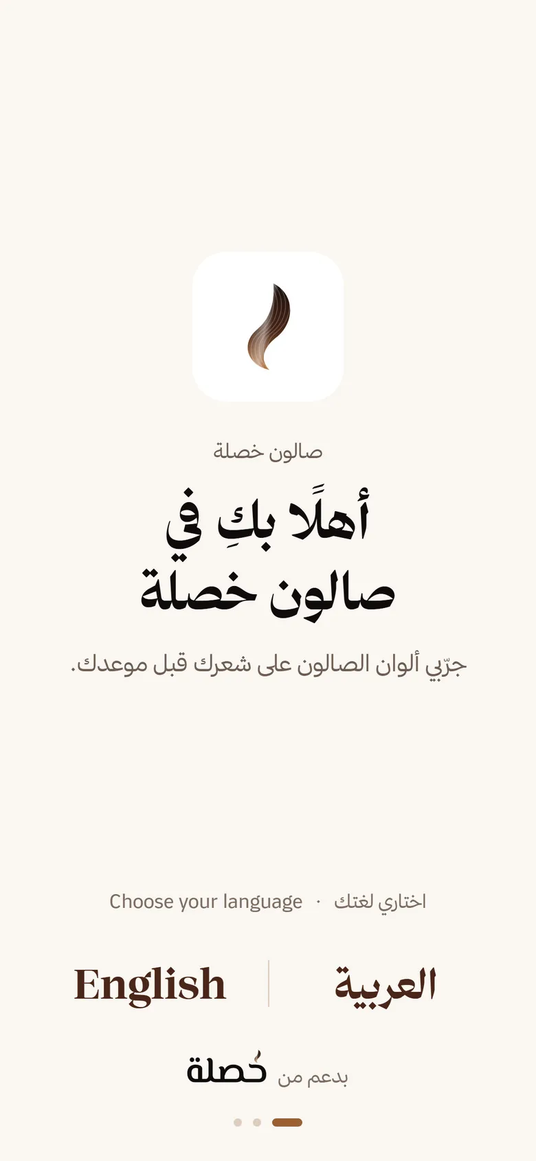 صفحة الترحيب باسم الصالون وشعاره واختيار اللغة