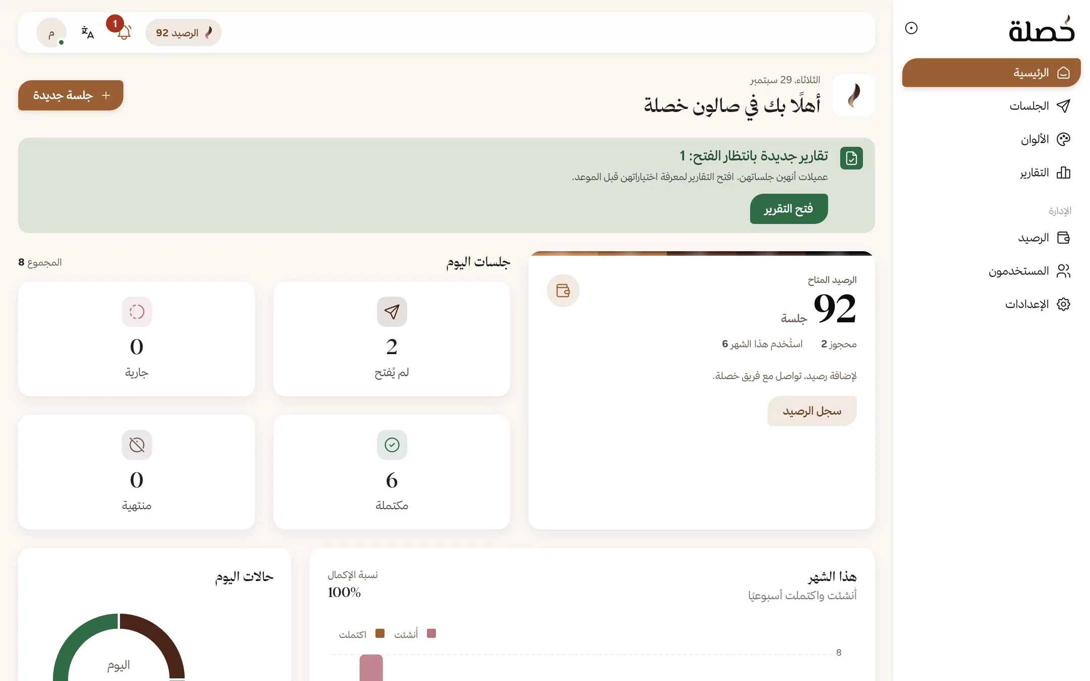 الصفحة الرئيسية للوحة الصالون: تقارير جديدة، الرصيد المتاح، جلسات اليوم